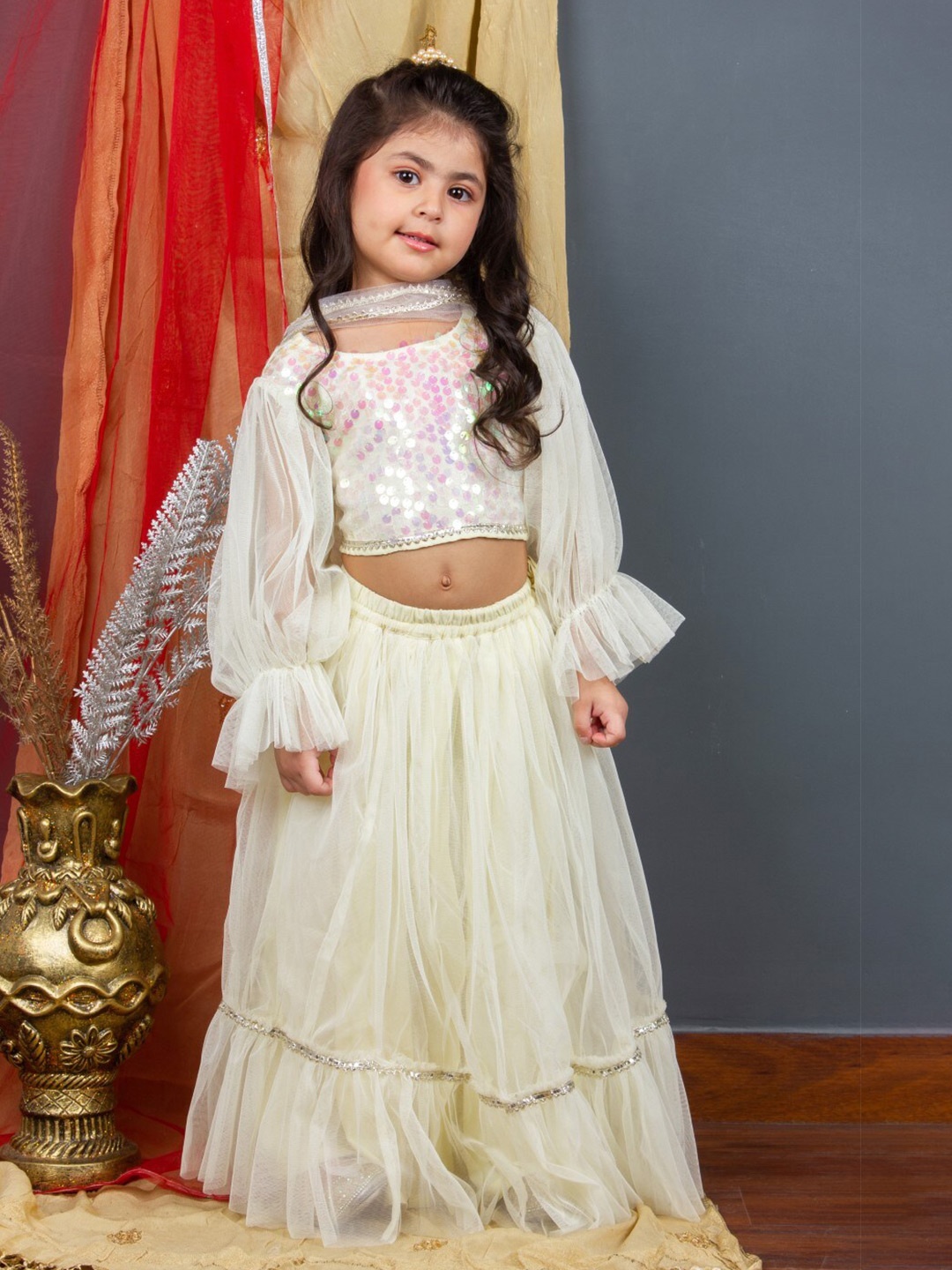 

Bella Moda Girls Embellished Sequinned Ready to Wear Lehenga & Blouse With Dupatta, White