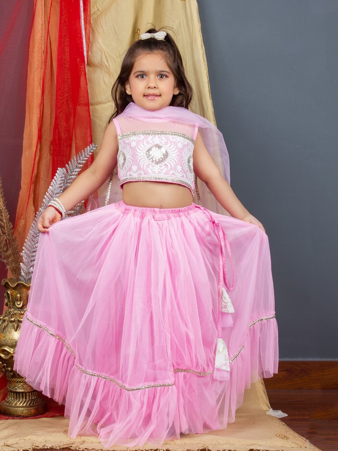 

Bella Moda Girls Embroidered Thread Work Ready to Wear Lehenga & Blouse With Dupatta, Pink