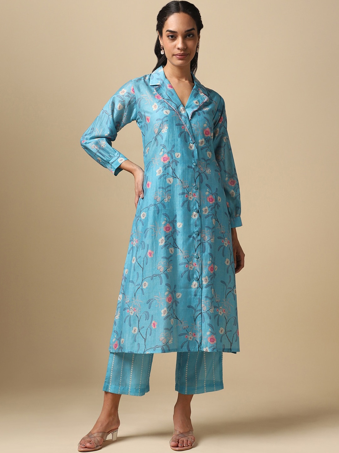 

House Of Dharaa Floral Printed Shirt Collar Kurta With Palazzos, Blue