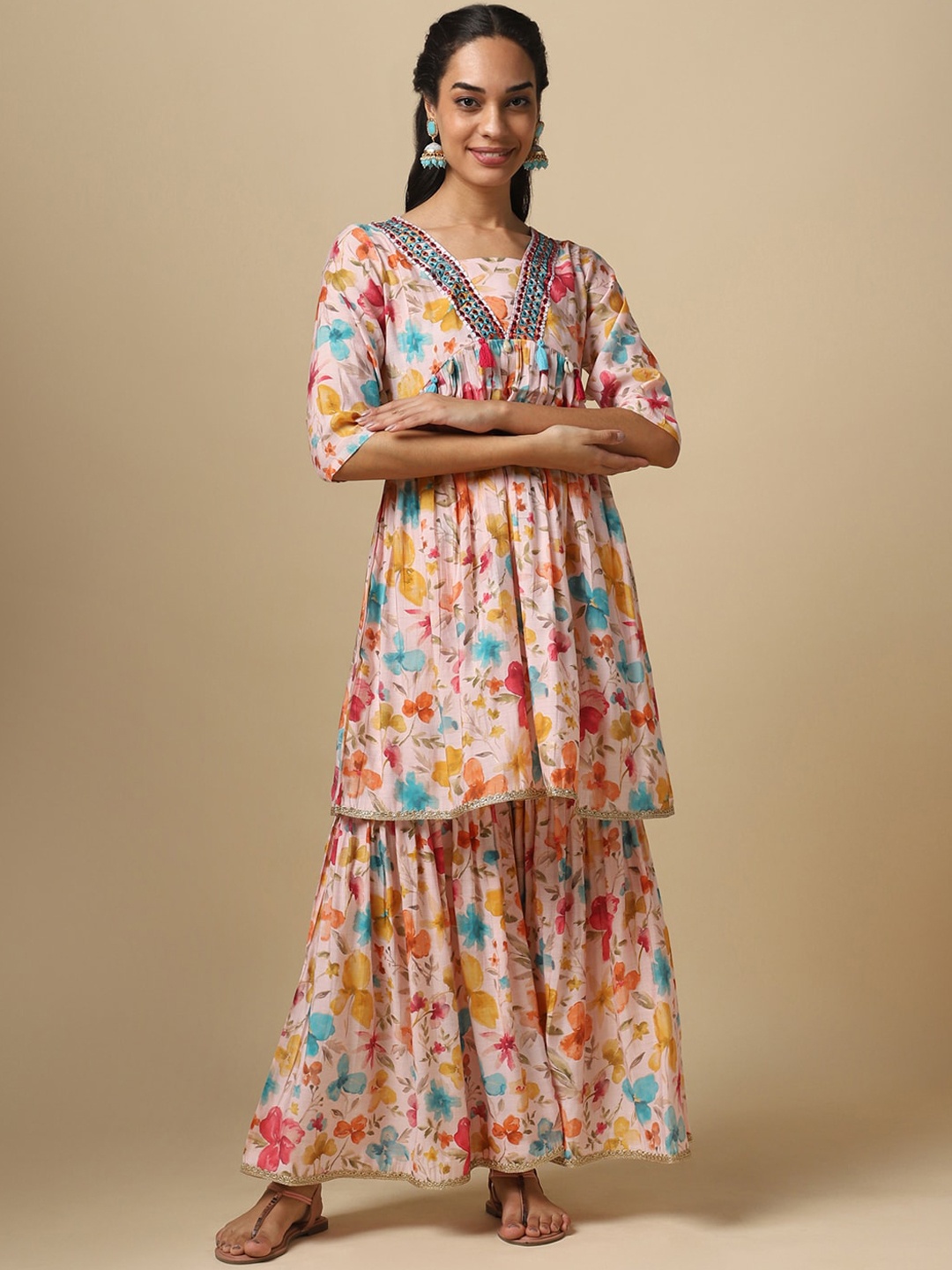 

House Of Dharaa Floral Printed Empire Gotta Patti Kurta With Sharara, Peach
