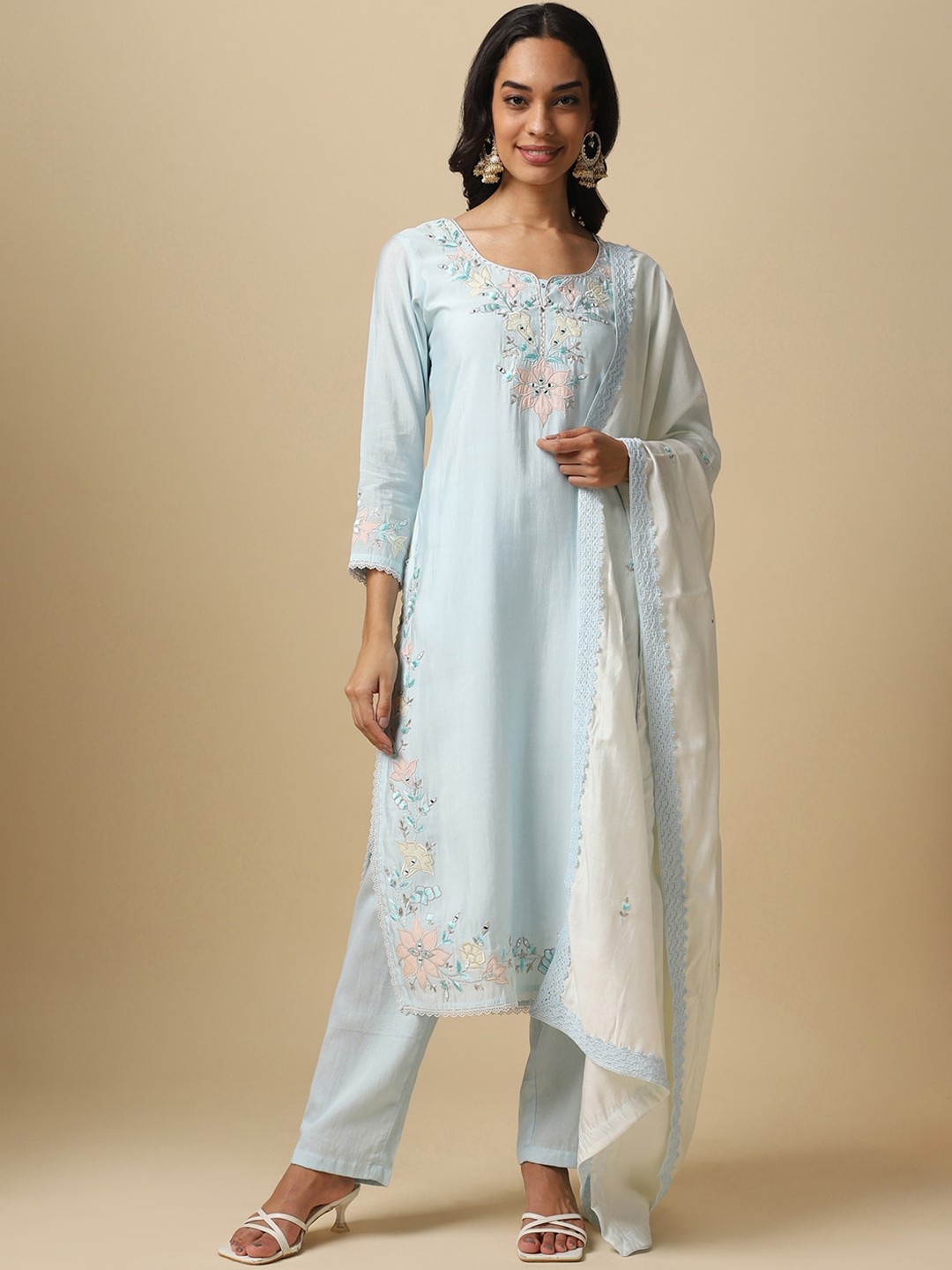 

House Of Dharaa Floral Embroidered Regular Pure Cotton Kurta With Trousers & Dupatta, Blue