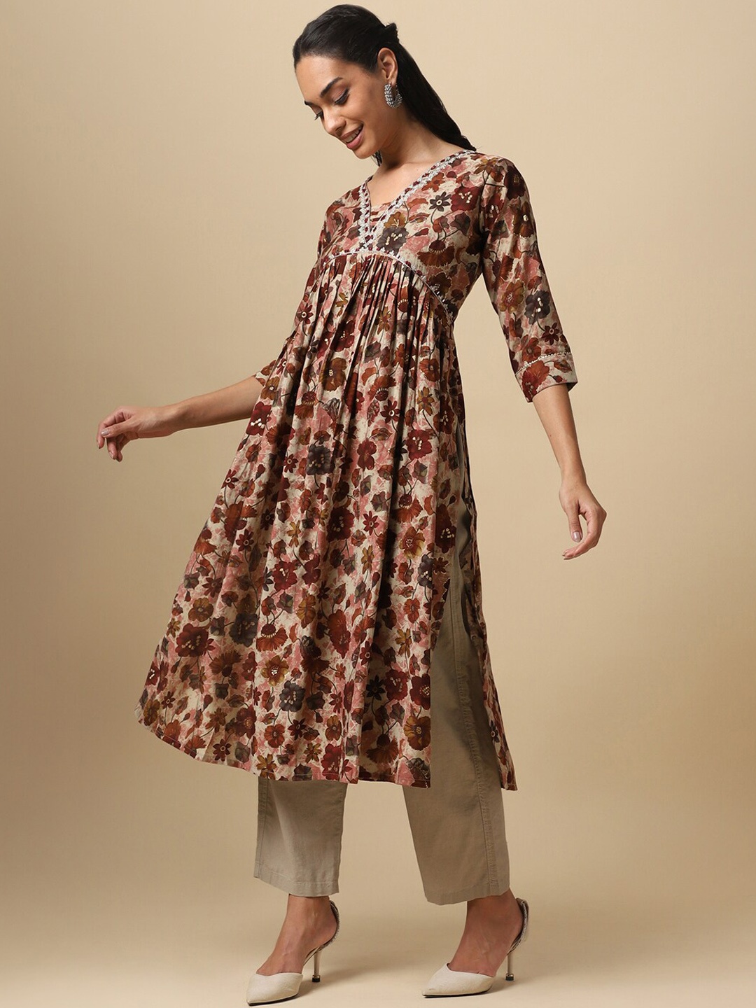 

House Of Dharaa Floral Printed Sequinned Anarkali Empire Kurta, Brown