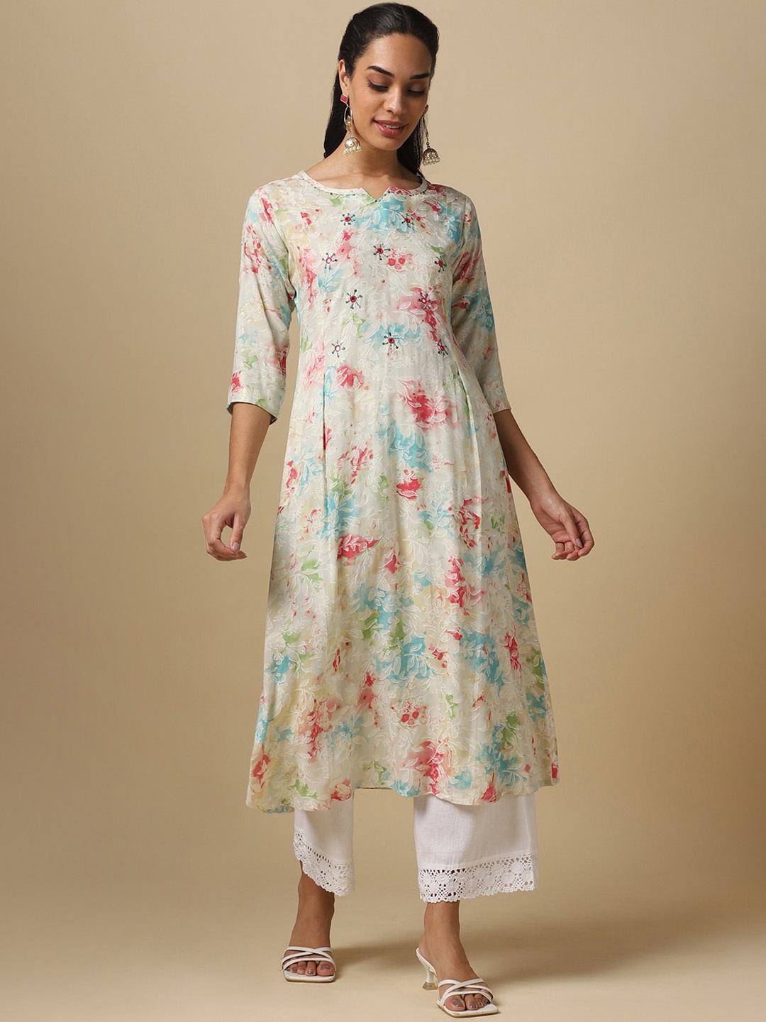 

House Of Dharaa Floral Printed A-Line Kurta, White