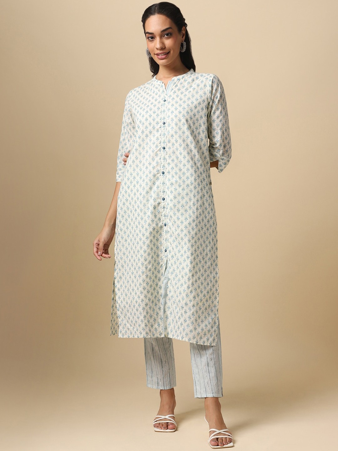 

House Of Dharaa Ethnic Motifs Printed Regular Pure Cotton Kurta with Trousers, Blue