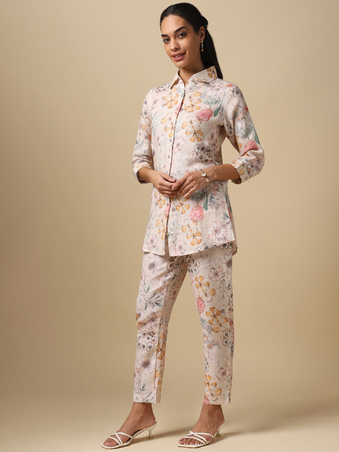 

House Of Dharaa Floral Printed Linen Shirt With Trousers Co-ords Set, White