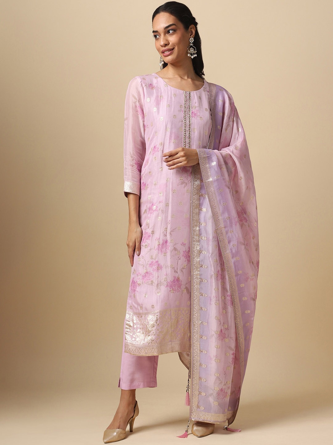

House Of Dharaa Floral Printed Round Neck Straight Thread Work Kurta Set With Dupatta, Pink