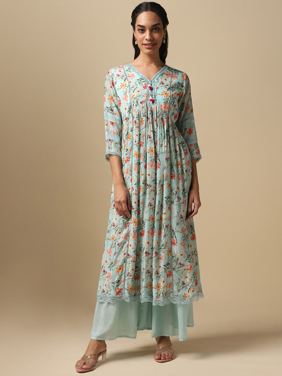 

House Of Dharaa Floral Printed Empire Pure Cotton Kurta With Palazzos, Blue