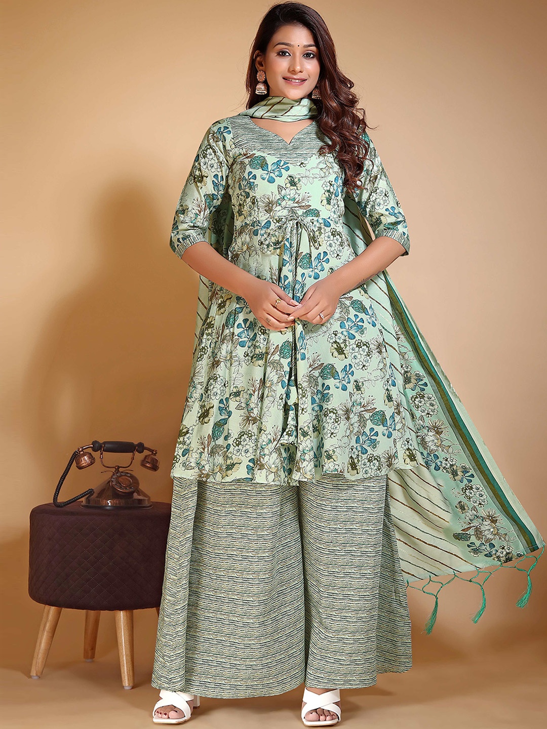 

KALINI Floral Printed Regular Chanderi Cotton Kurta With Palazzos & Dupatta, Green