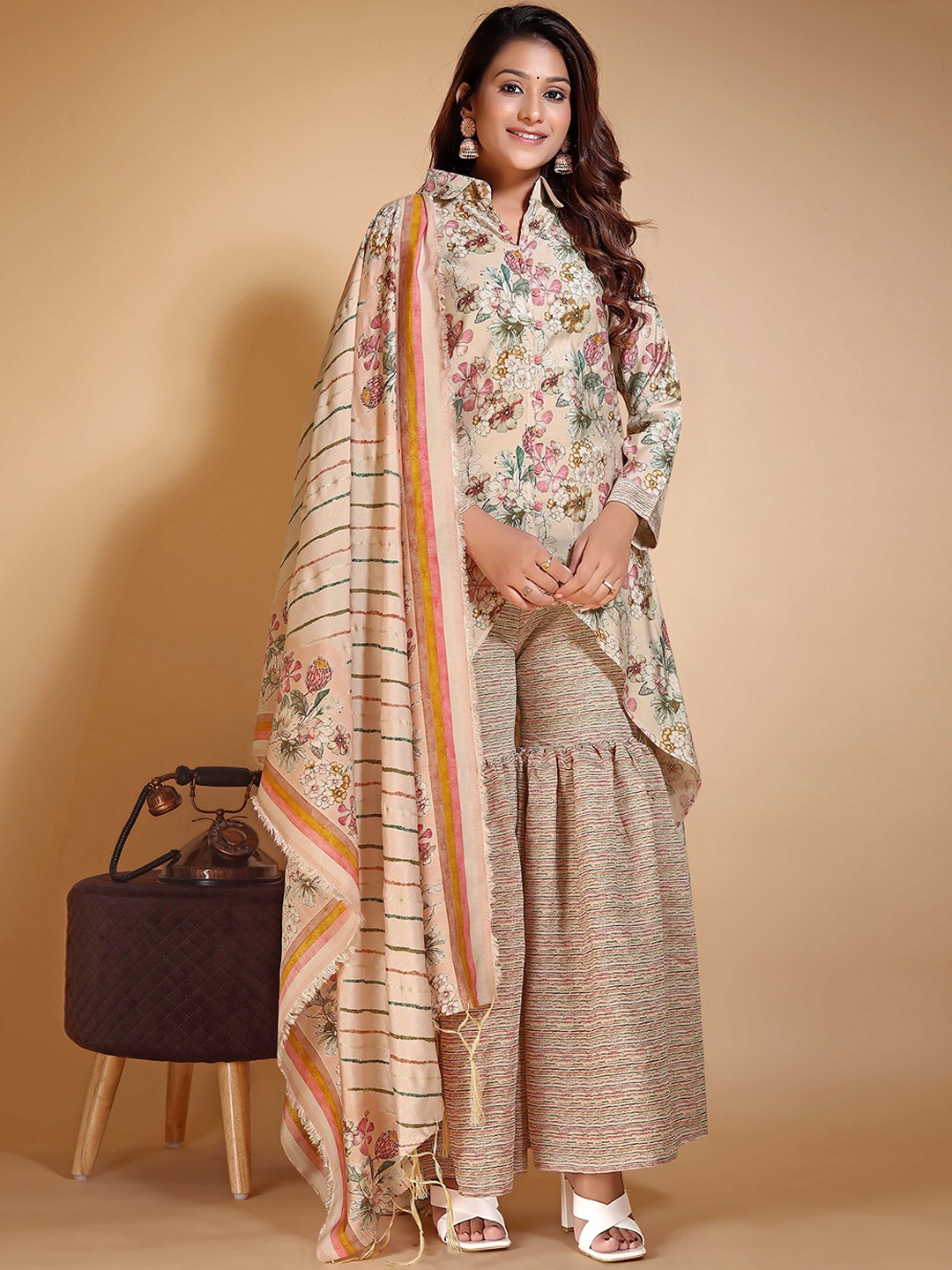 

KALINI Floral Printed Chanderi Cotton Kurti with Sharara & Dupatta, Peach