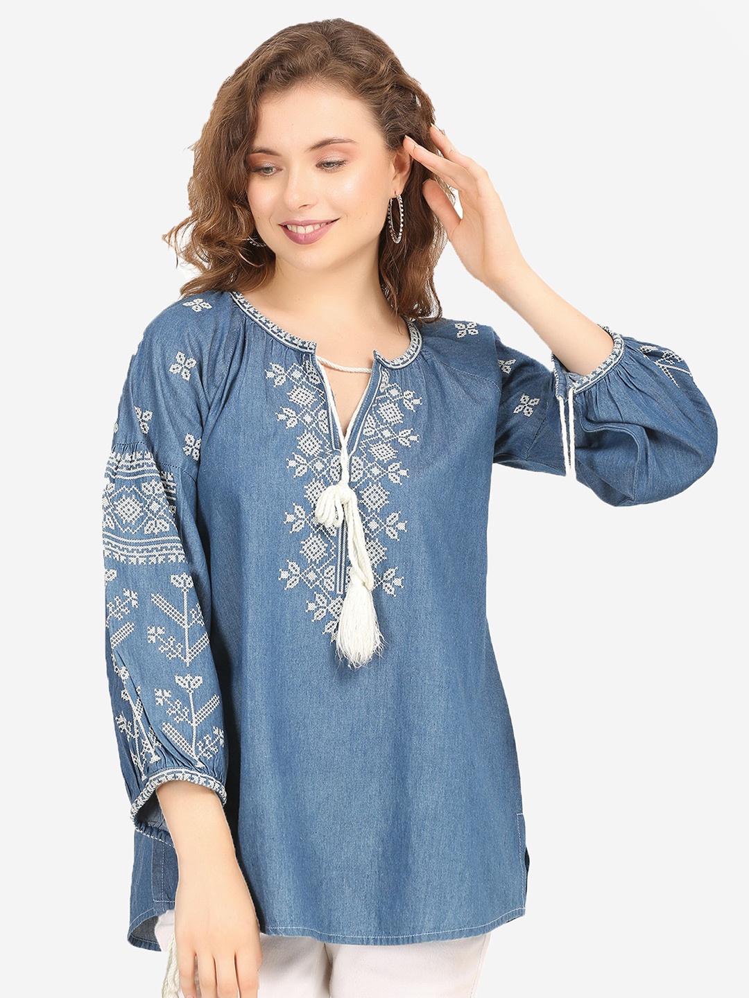 

SUMAVI-FASHION Ethnic Motifs Embroidered Organic Cotton Denim Regular Top, Blue