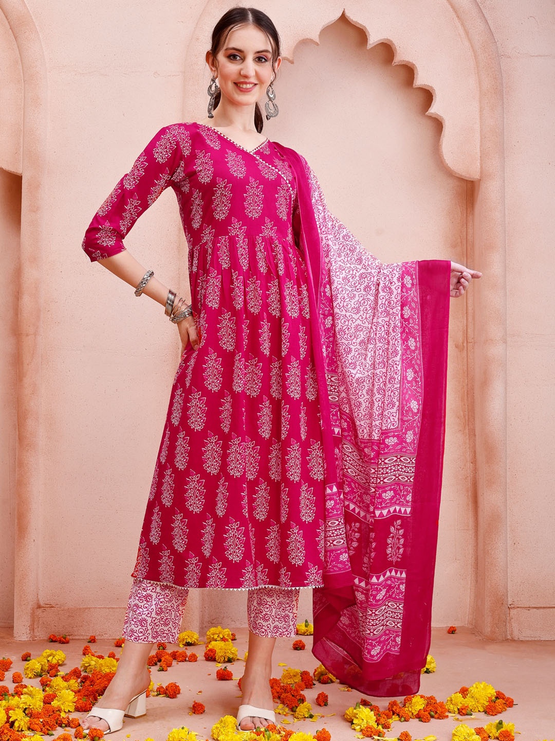 

KALINI Ethnic Motifs Printed Angrakha Pure Cotton Kurta & Trousers With Dupatta, Pink