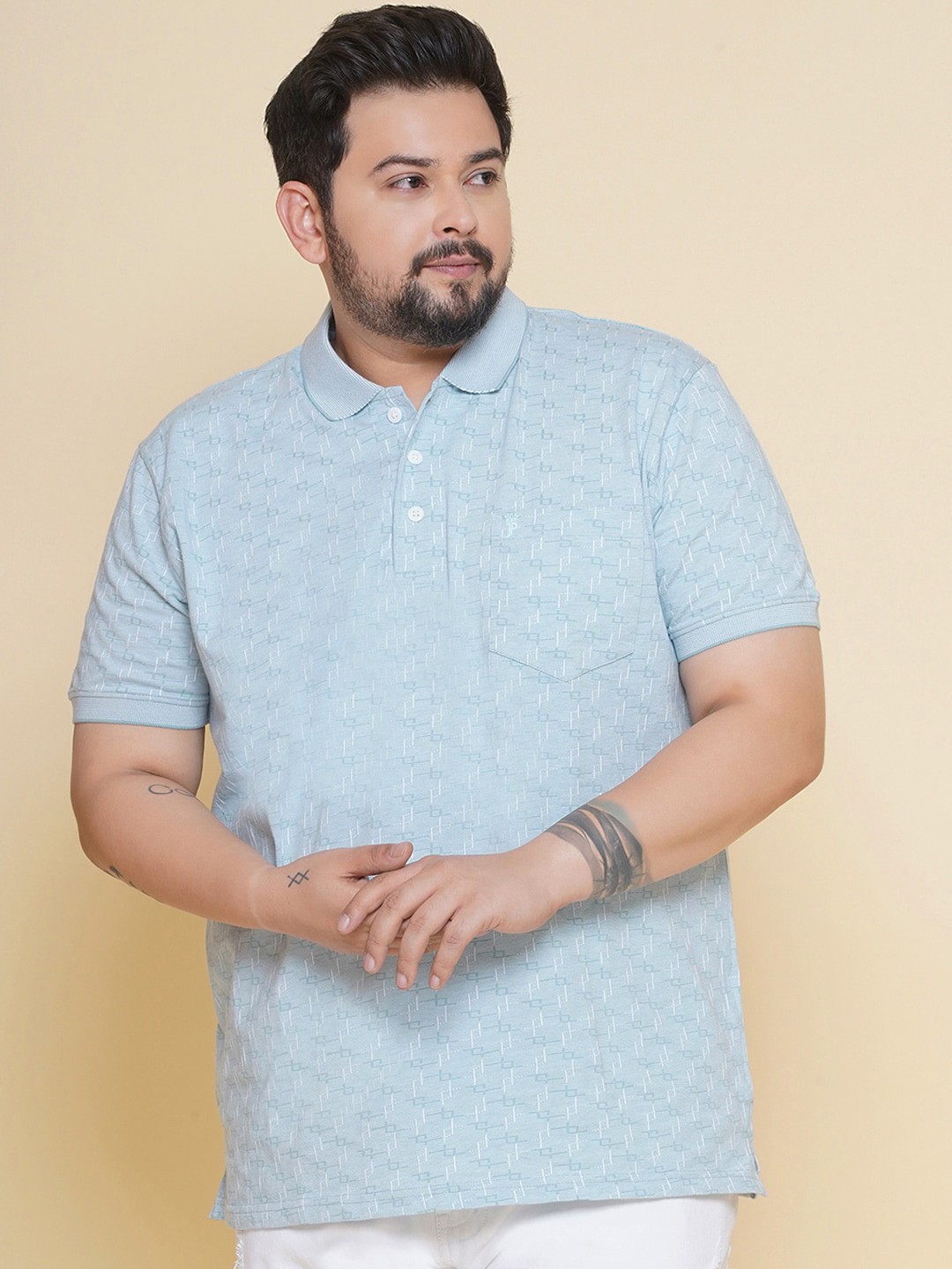 

John Pride Plus Size Self Design Polo Collar Pure Cotton T-shirt, Blue