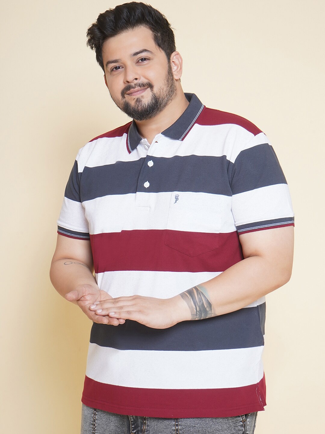 

John Pride Plus Size Striped Polo Collar Pure Cotton Casual T-shirt, Red