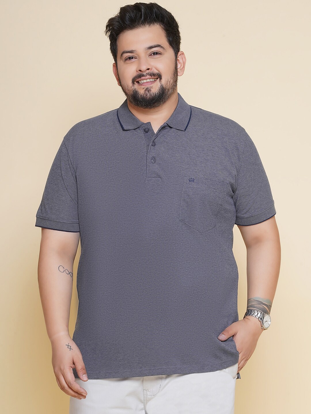 

John Pride Plus Size Polo Collar Pure Cotton T-shirt, Grey