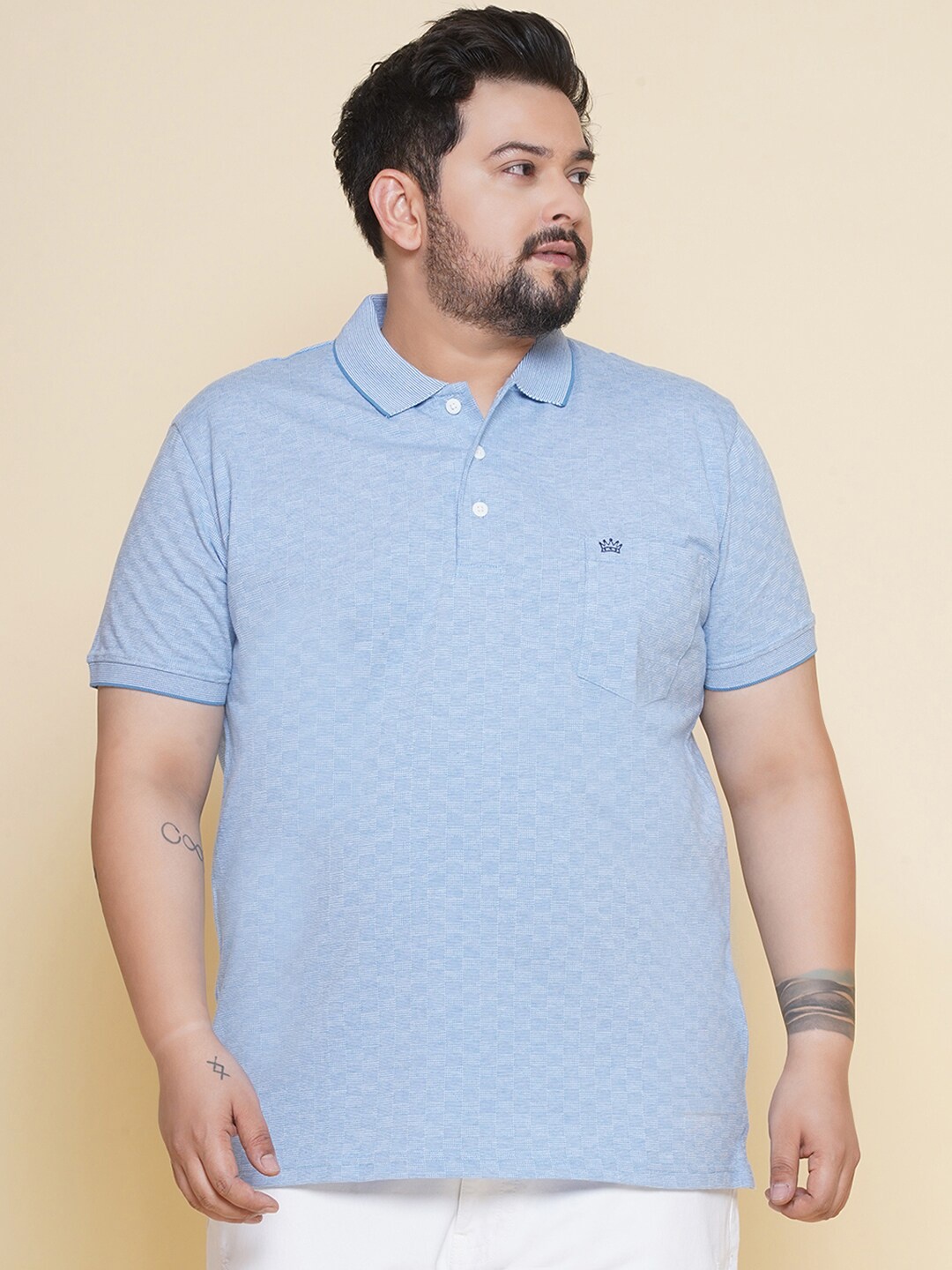 

John Pride Plus Size Checked Polo Collar Pure Cotton Casual T-shirt, Blue