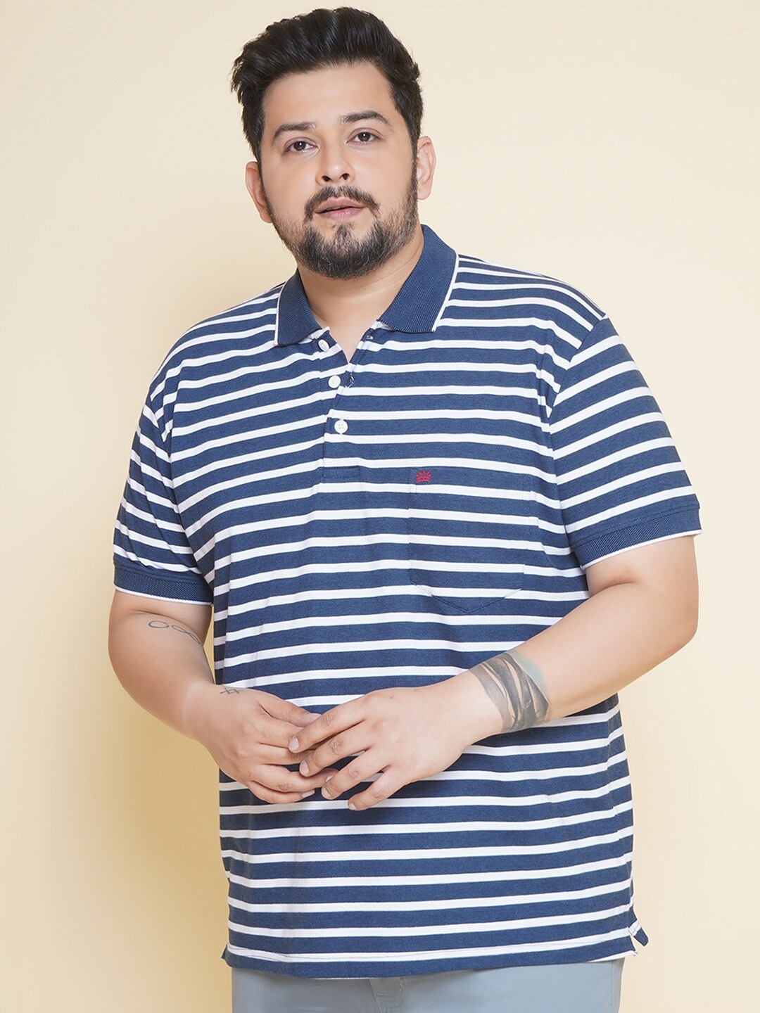 

John Pride Plus Size Striped Polo Collar Pure Cotton Casual T-shirt, Blue