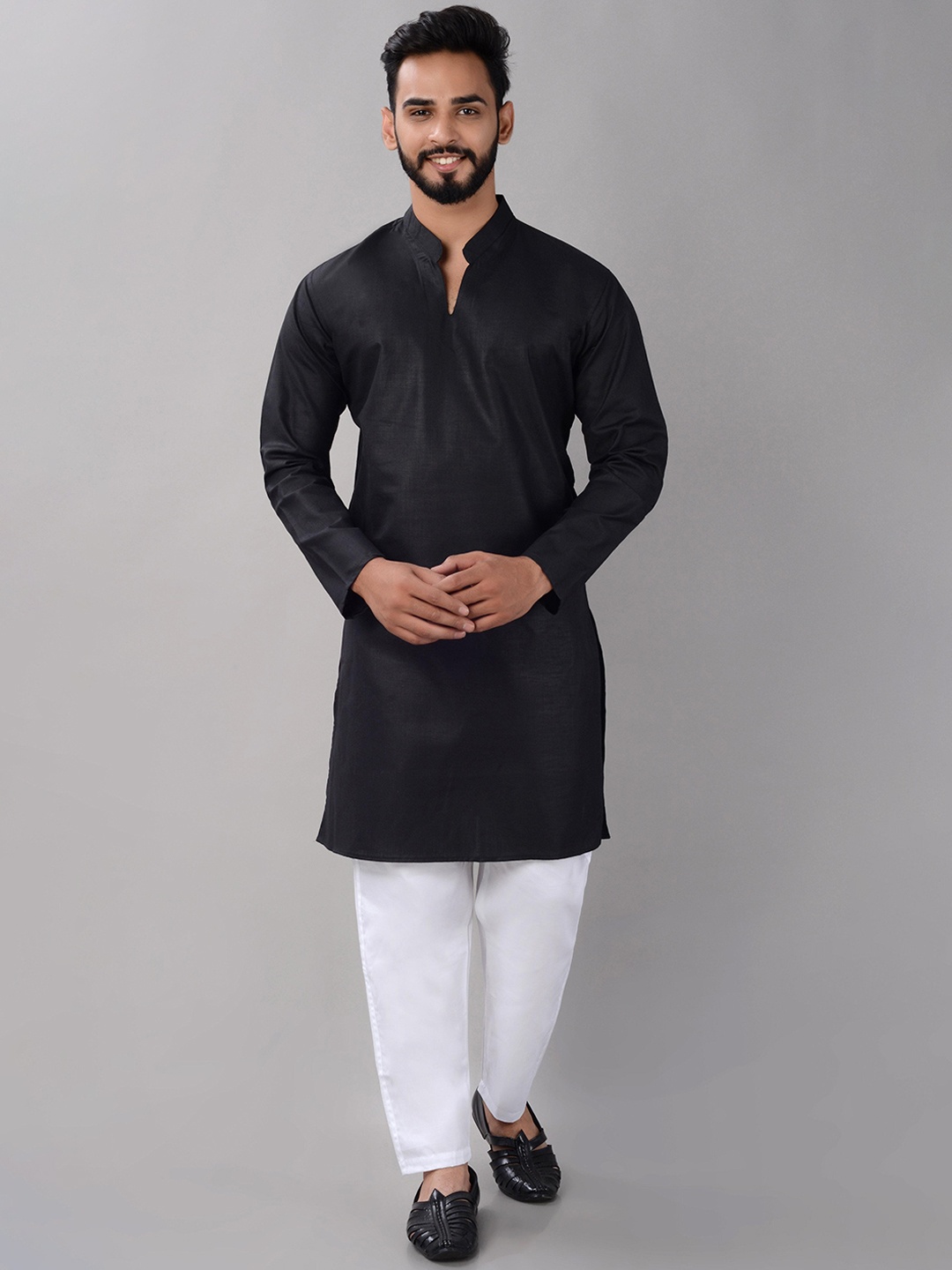 

VILLAIN Mandarin Collar Long Sleeve Cotton Straight Kurtas, Black