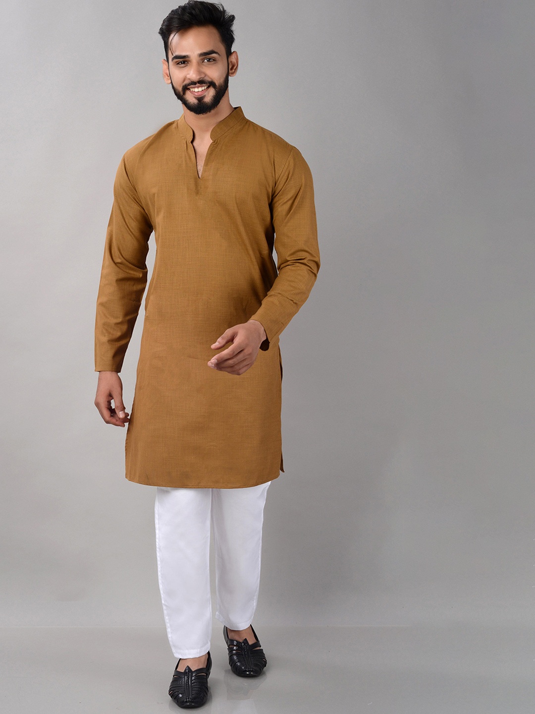

VILLAIN Mandarin Collar Straight Kurta, Brown