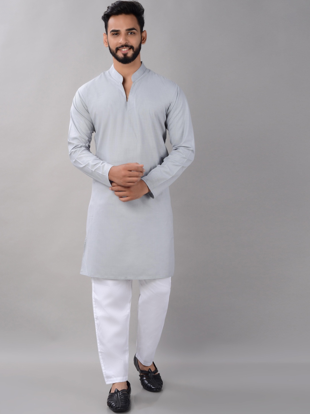 

VILLAIN Mandarin Collar Long Sleeve Cotton Straight Kurtas, Grey