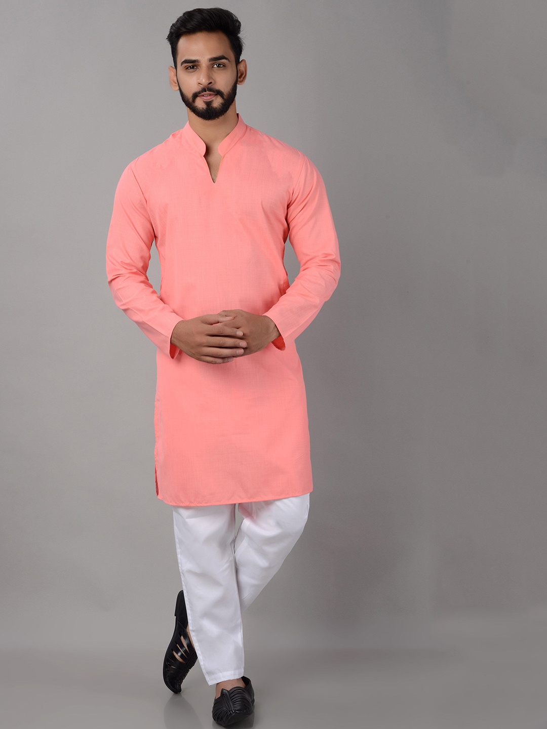 

VILLAIN Cotton Mandarin Collar Kurta, Pink