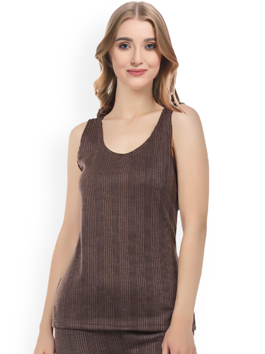 

FUNAHME Striped Sleeveless Thermal Top, Brown