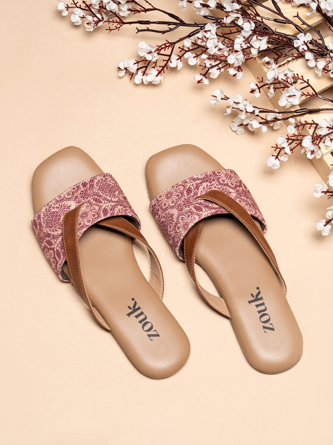 

ZOUK Printed Open Toe Flats, Pink