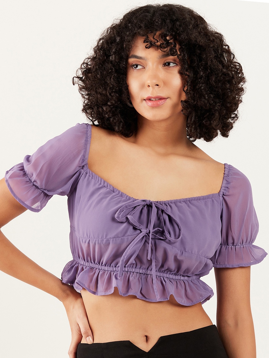 

Athena Sweetheart Neck Puff Sleeve Gathered Cinched Waist Crop Top, Lavender
