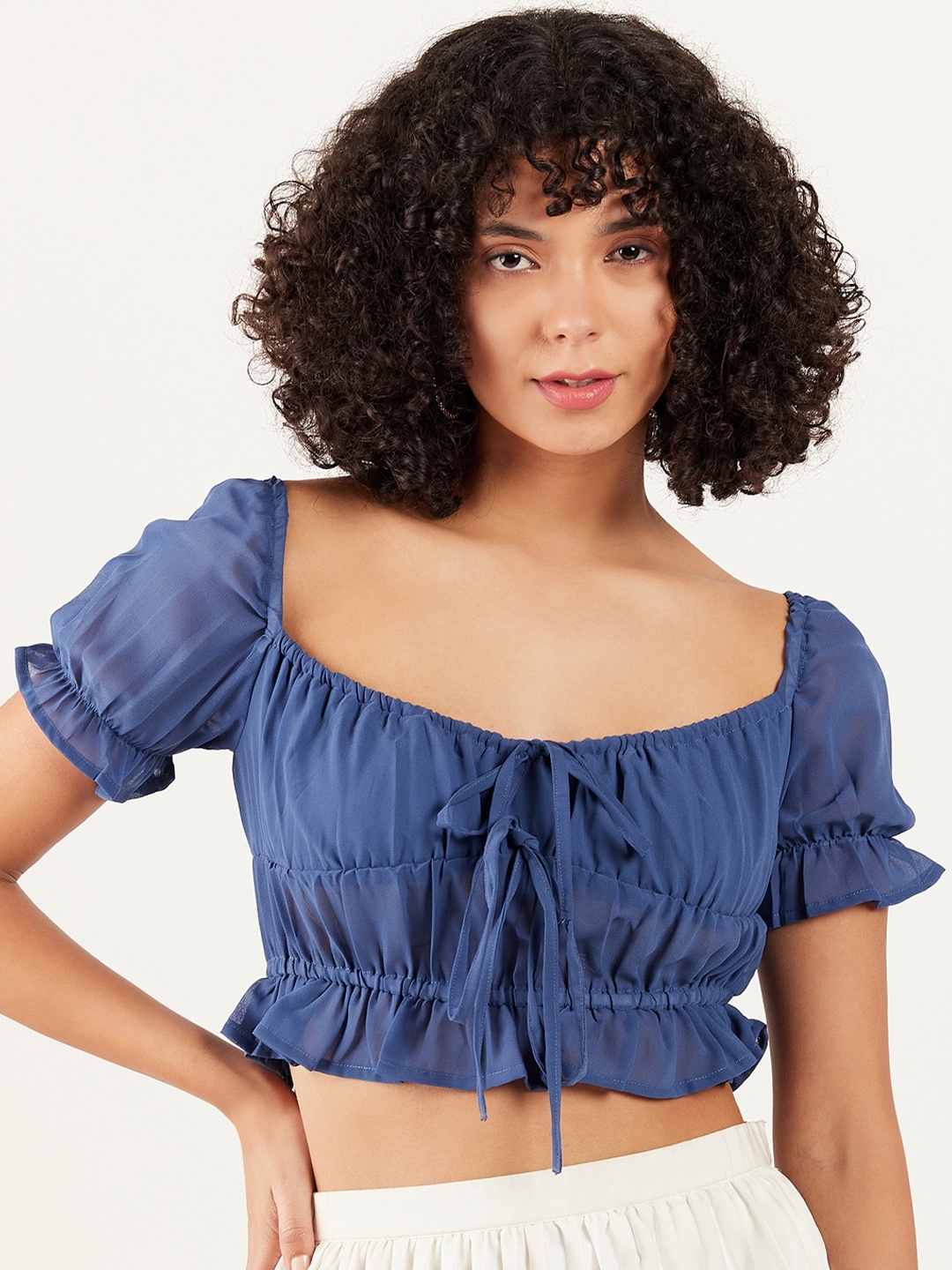 

Athena Sweetheart Neck Puff Sleeve Gathered Cinched Waist Crop Top, Blue