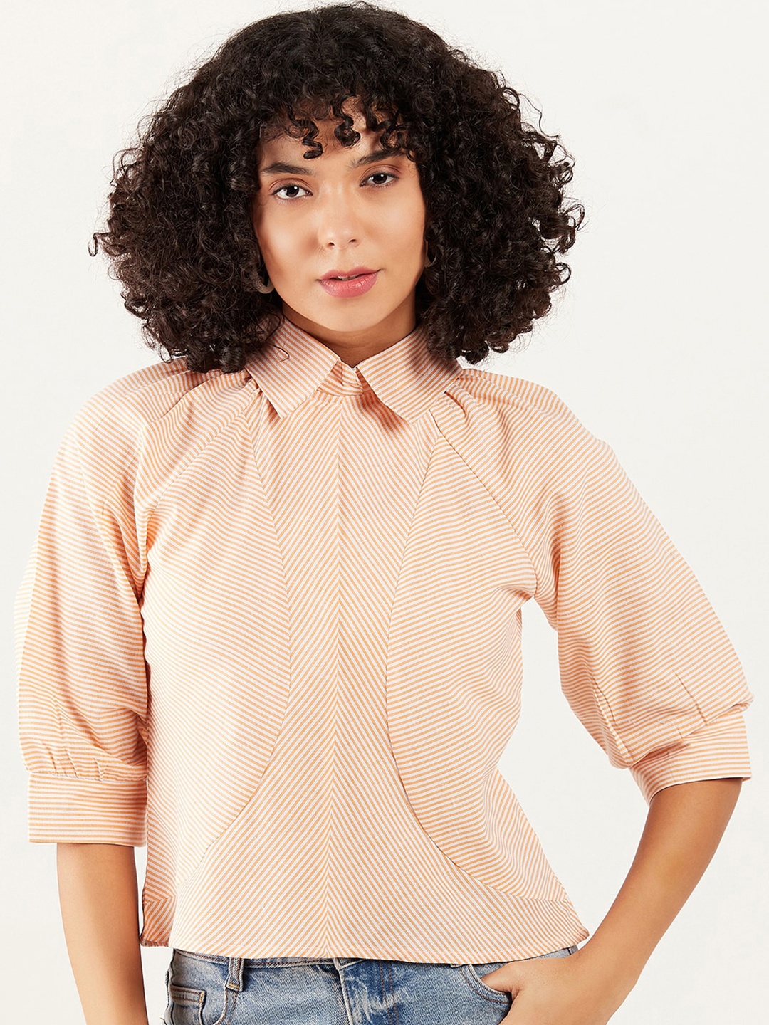 

Athena Immutable Vertical Striped Shirt Collar Cotton Shirt Style Top, Orange
