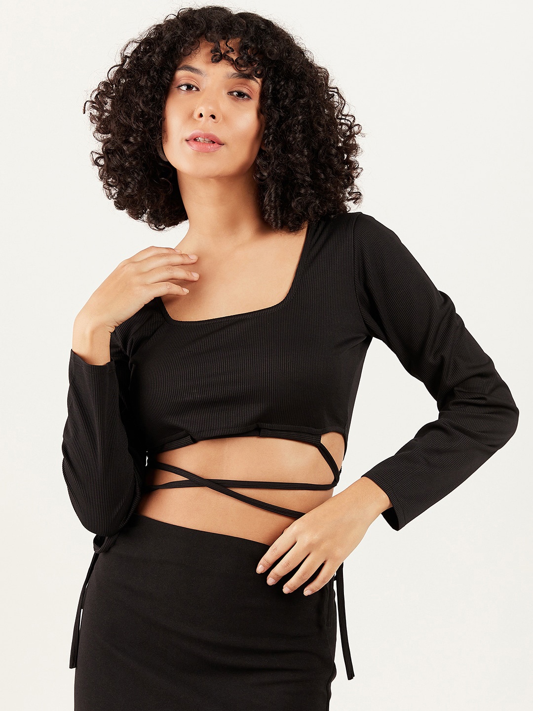 

Athena Square Neck Ribbed Fitted Crop Top, Black