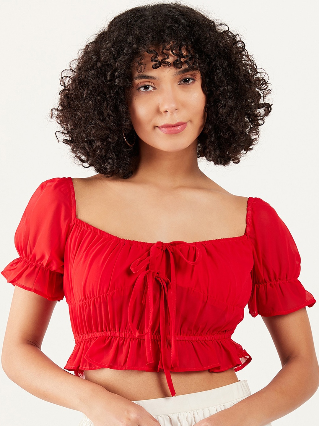 

Athena Puff Sleeves Georgette Crop Top, Red