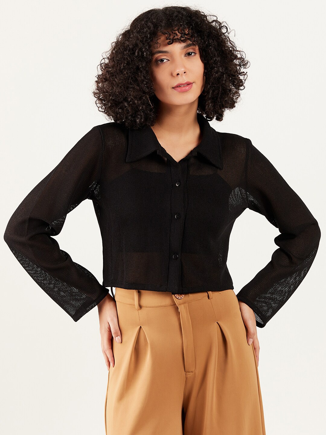 

Athena Immutable Cuffed Sleeves Net Shirt Style Crop Top, Black