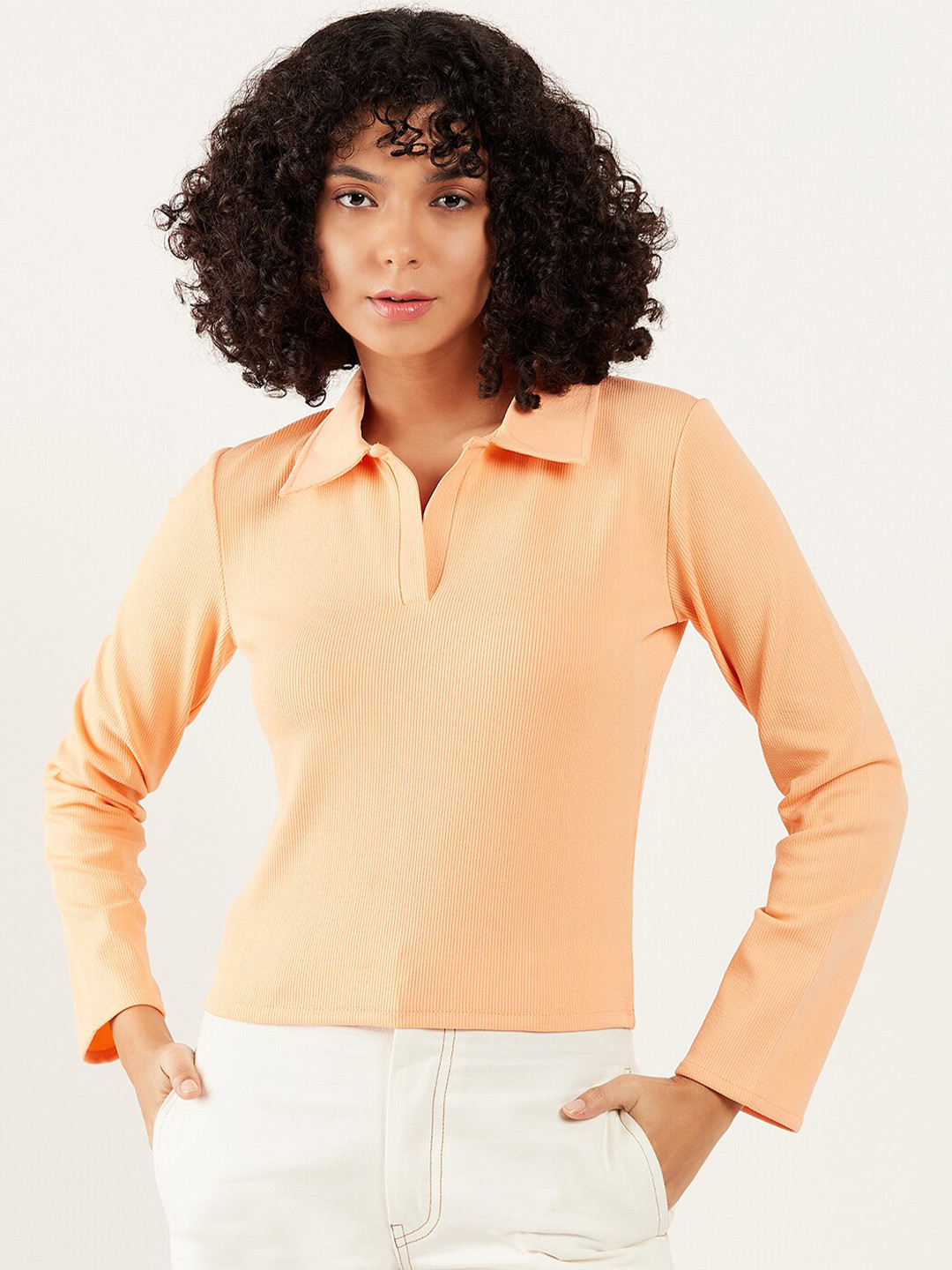 

Athena Immutable Peach-Coloured Ribbed Polo Collar T-Shirt