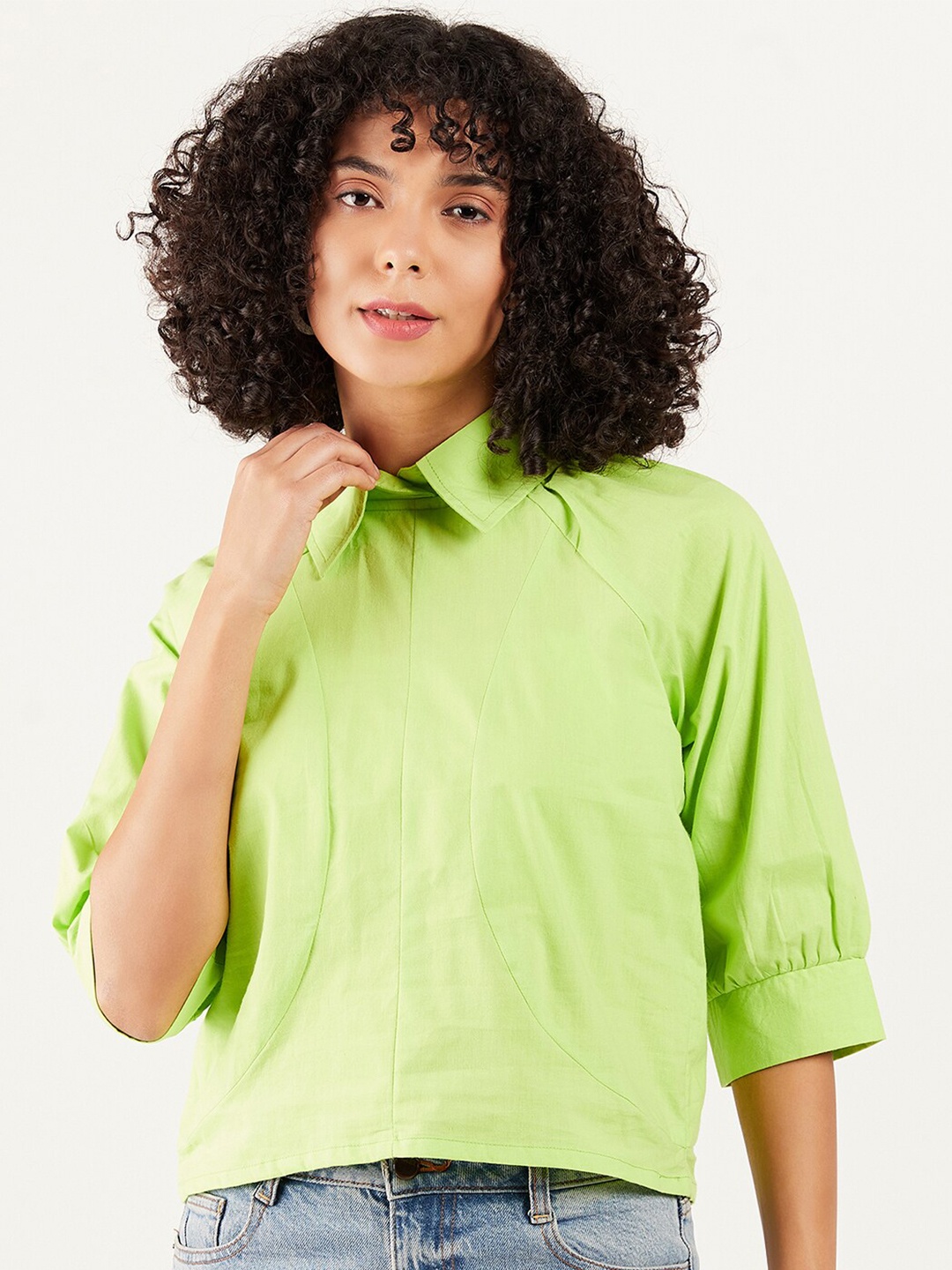 

Athena Immutable Shirt Collar Cuffed Sleeves Cotton Top, Green