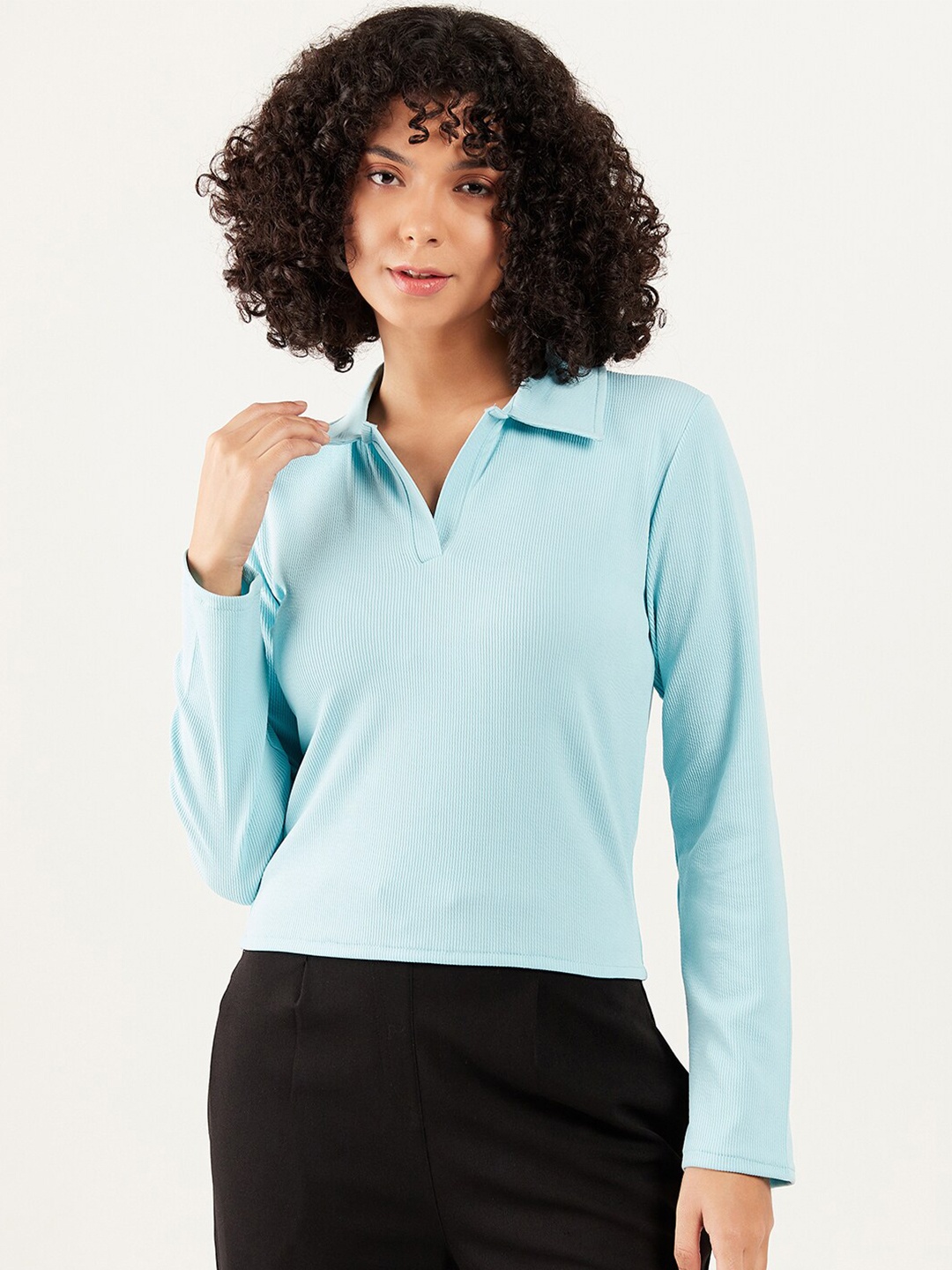 

Athena Immutable Polo Collar Long Sleeves Crop T-Shirt, Blue