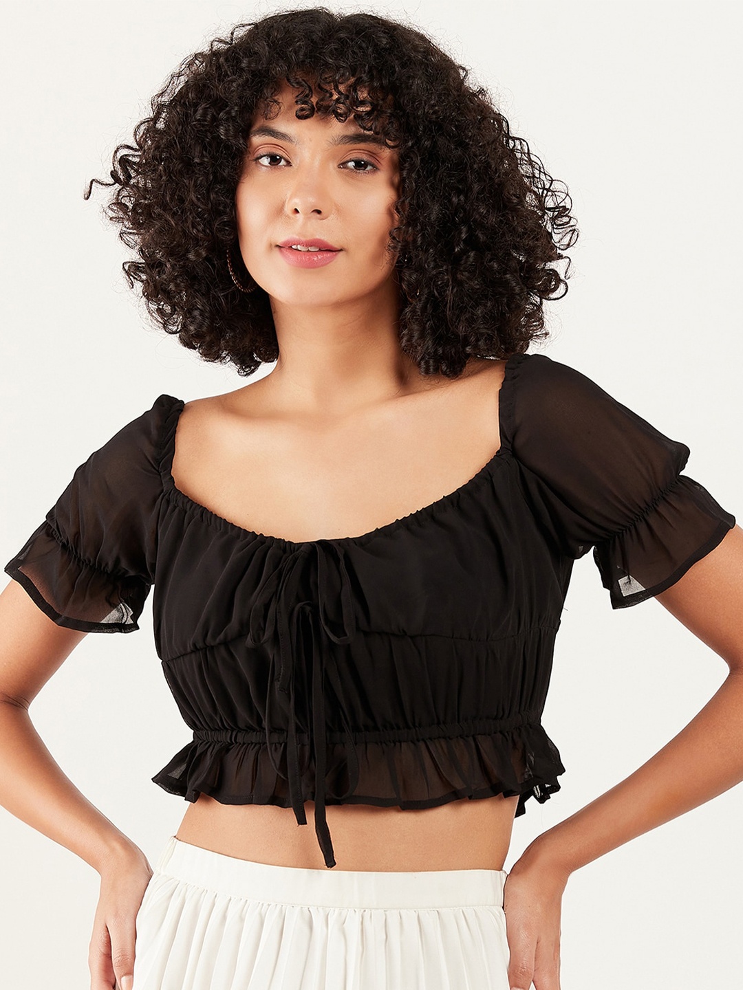 

Athena Puff Sleeves Gathered Detailed Cinched Waist Crop Top, Black