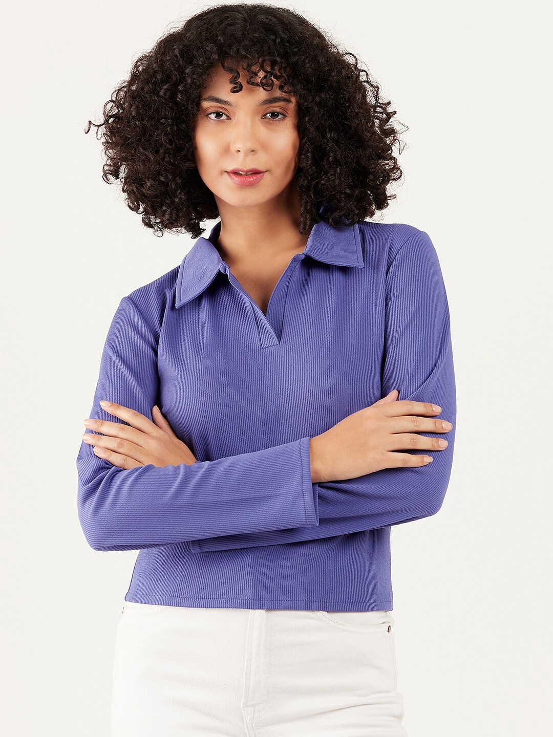 

Athena Immutable Polo Collar Long Sleeves Crop T-Shirt, Blue