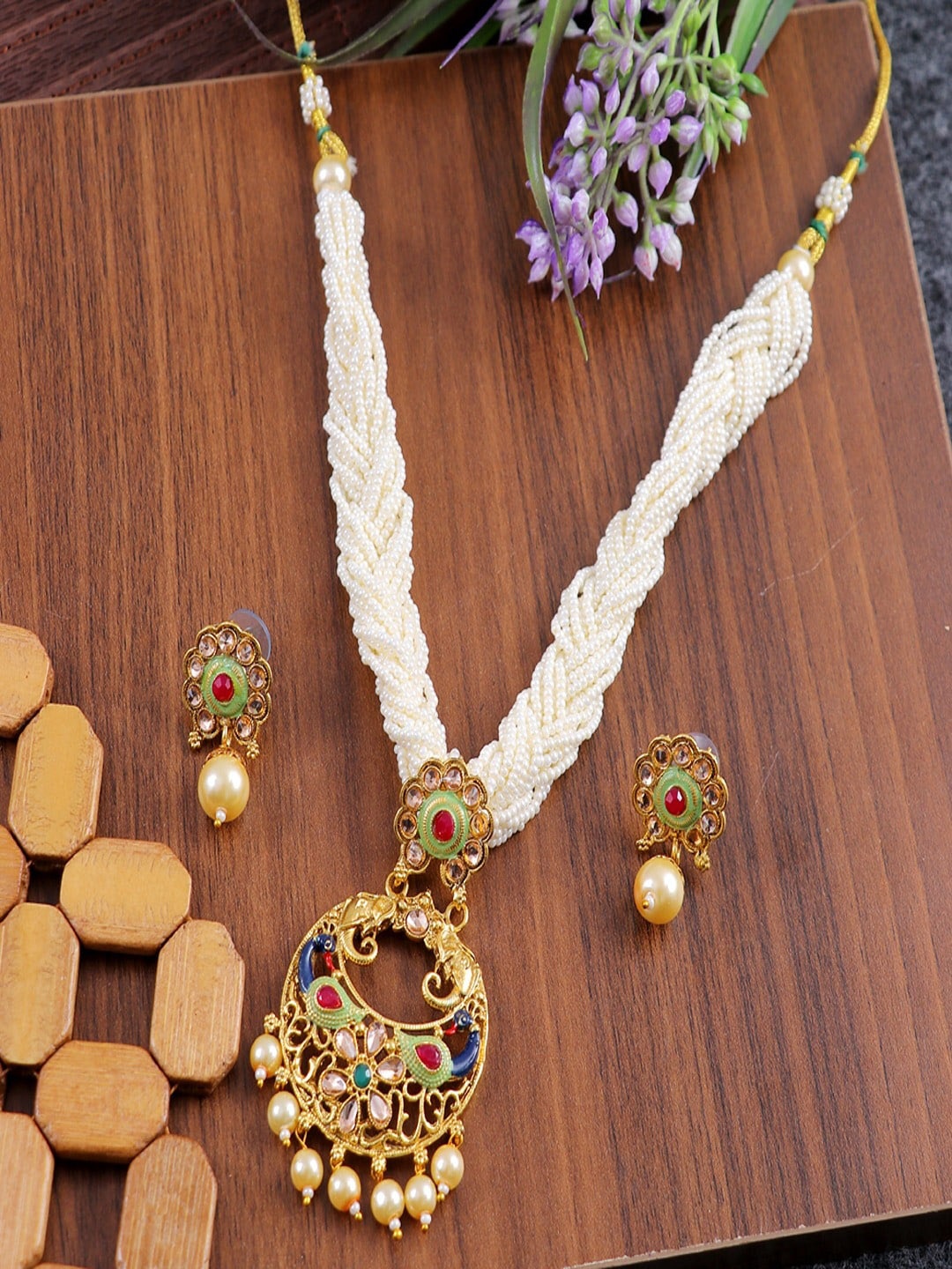 

UNIVERSITY TRENDZ Gold Plated Pearl Beaded Meenakari Jewellery Set