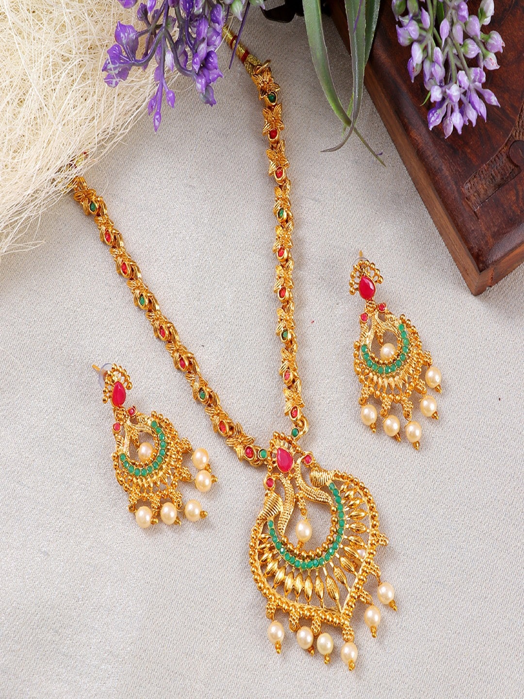 

UNIVERSITY TRENDZ Gold Plated Stone Studded Peacock Jewellery Set
