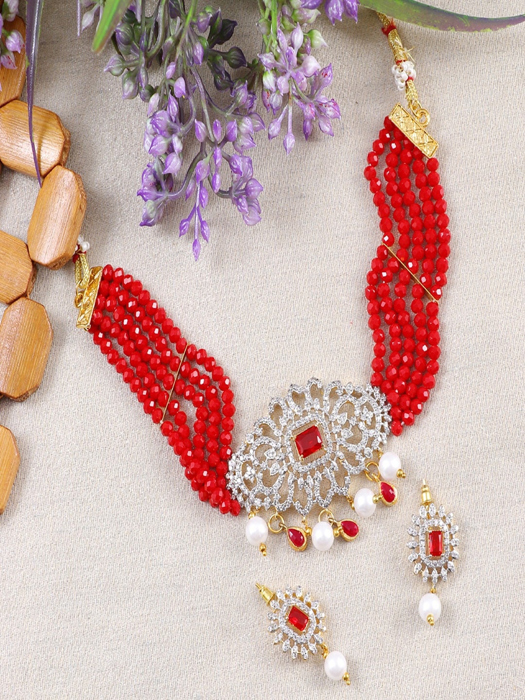 

UNIVERSITY TRENDZ Gold Plated American Diamond Stone Studded & Pearls Beaded Jewellery Set