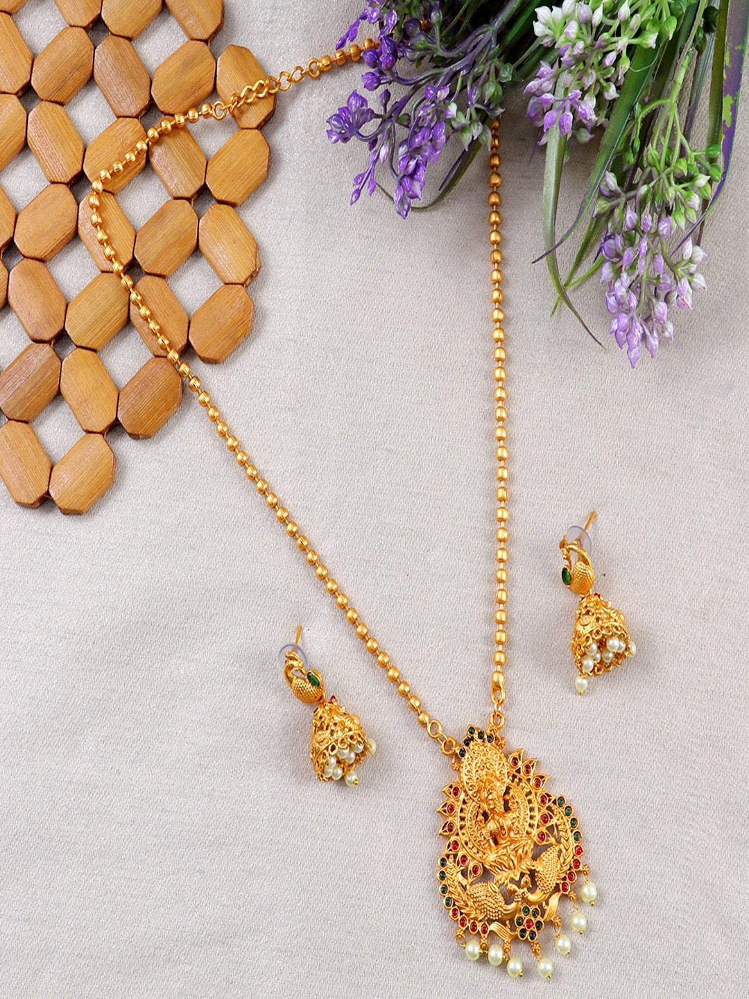 

UNIVERSITY TRENDZ Gold-Plated Stone-Studded Lakshmi & Peacock Jewellery Set