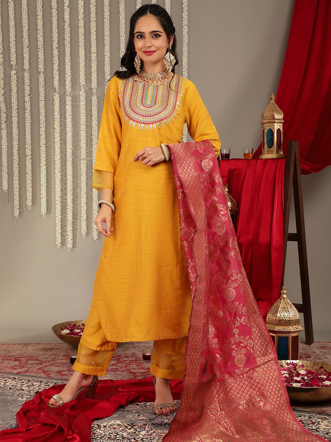 

Varanga Ethnic Motifs Yoke Design Thread Work Straight Kurta & Trouser With Dupatta, Mustard
