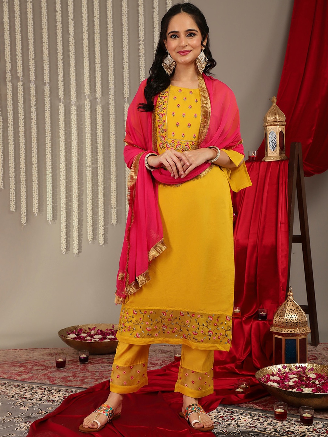 

Varanga Floral Embroidered Yoke Design Kurta with Trousers & With Dupatta, Yellow