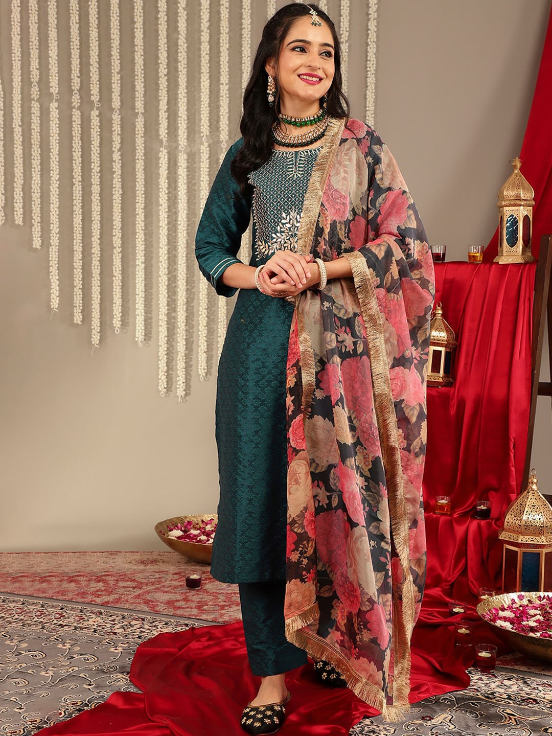 

Varanga Ethnic Motifs Yoke Design Thread Work Kurta & Trousers With Dupatta, Teal