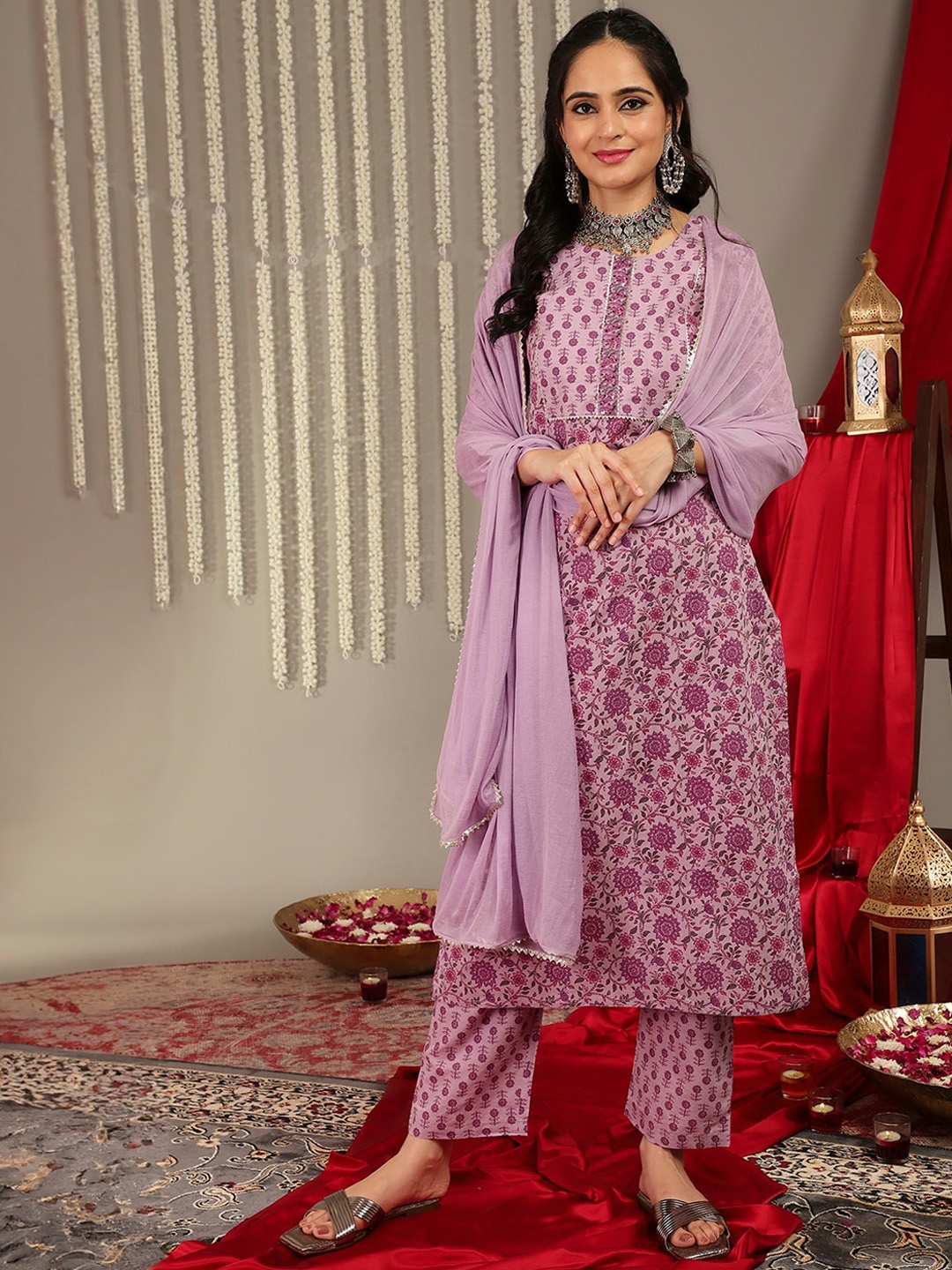 

Varanga Floral Printed Regular Gotta Patti Pure Cotton Kurta With Trousers & Dupatta, Purple