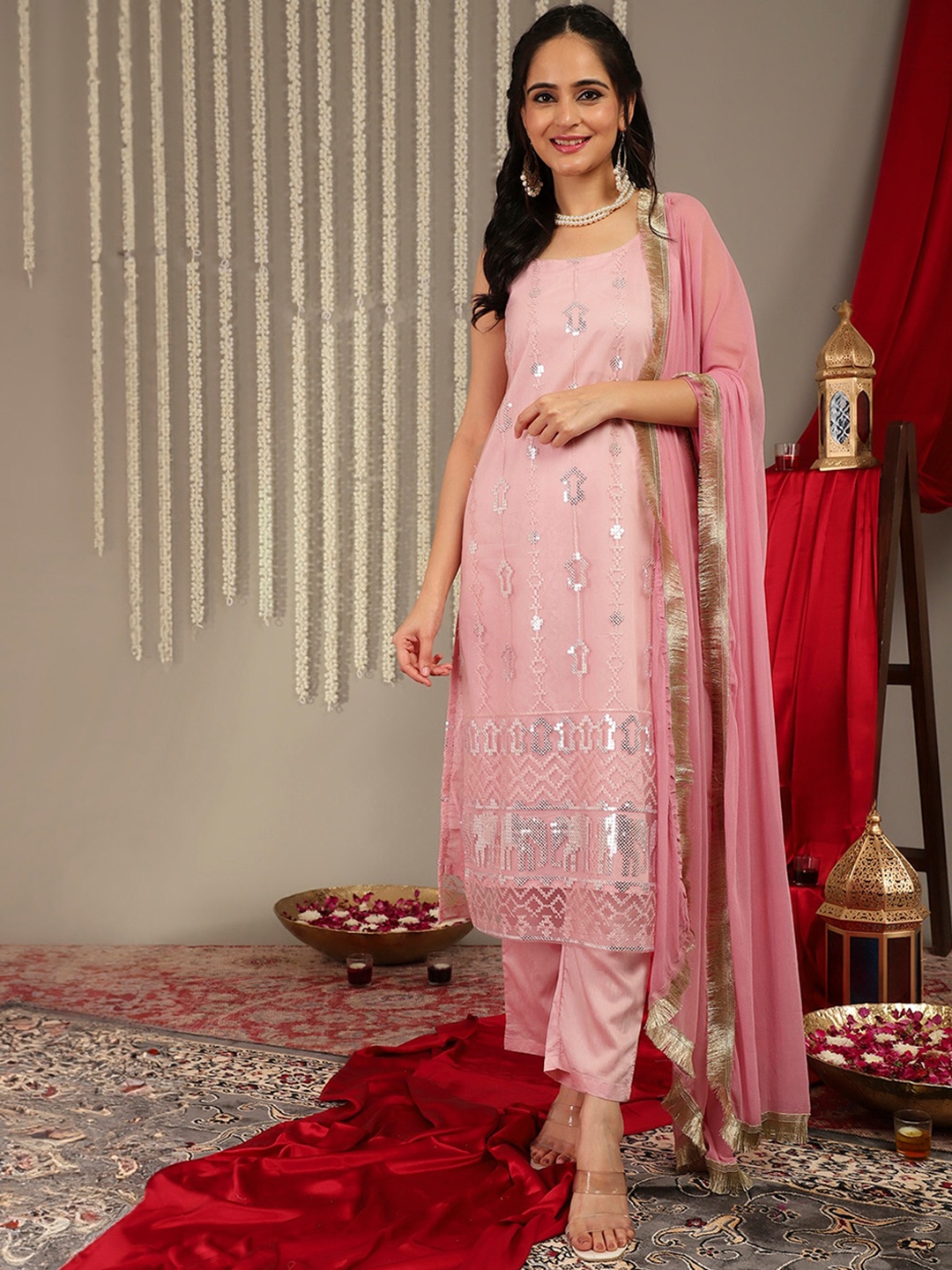 

Varanga Ethnic Motifs Embellished Regular Kurta with Trousers & With Dupatta, Pink