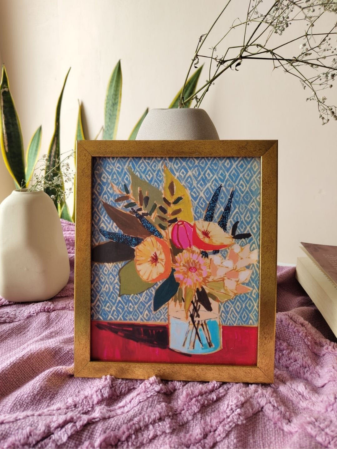 

HYPPY Beige & Blue Vintage Vase Painting Framed Wall Art