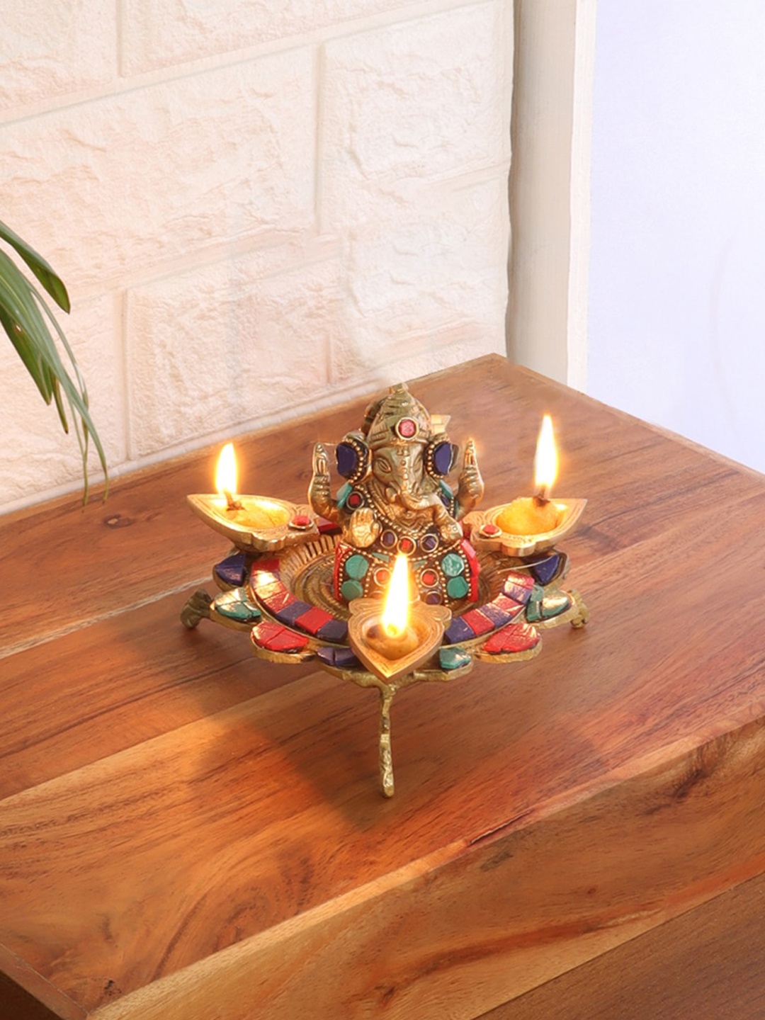 

Two Moustaches Ganesha on Lotus with Three Leaf Design Diya, Red