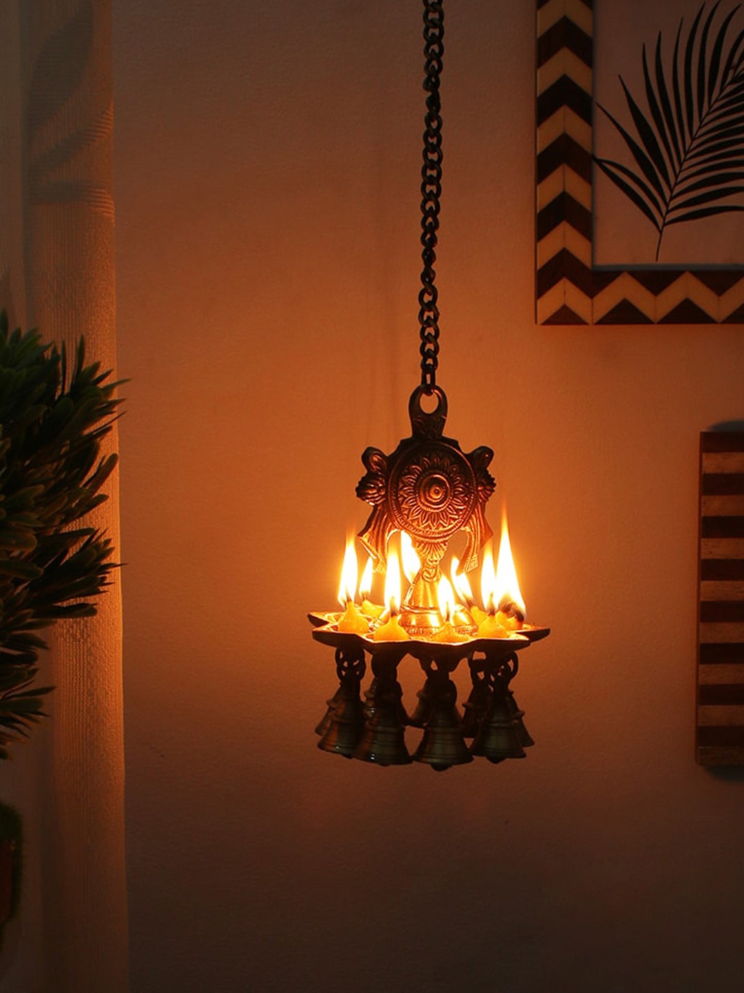 Two Moustaches Chakra Design 9 Oil Wick Brass Hanging Diya, Metallic