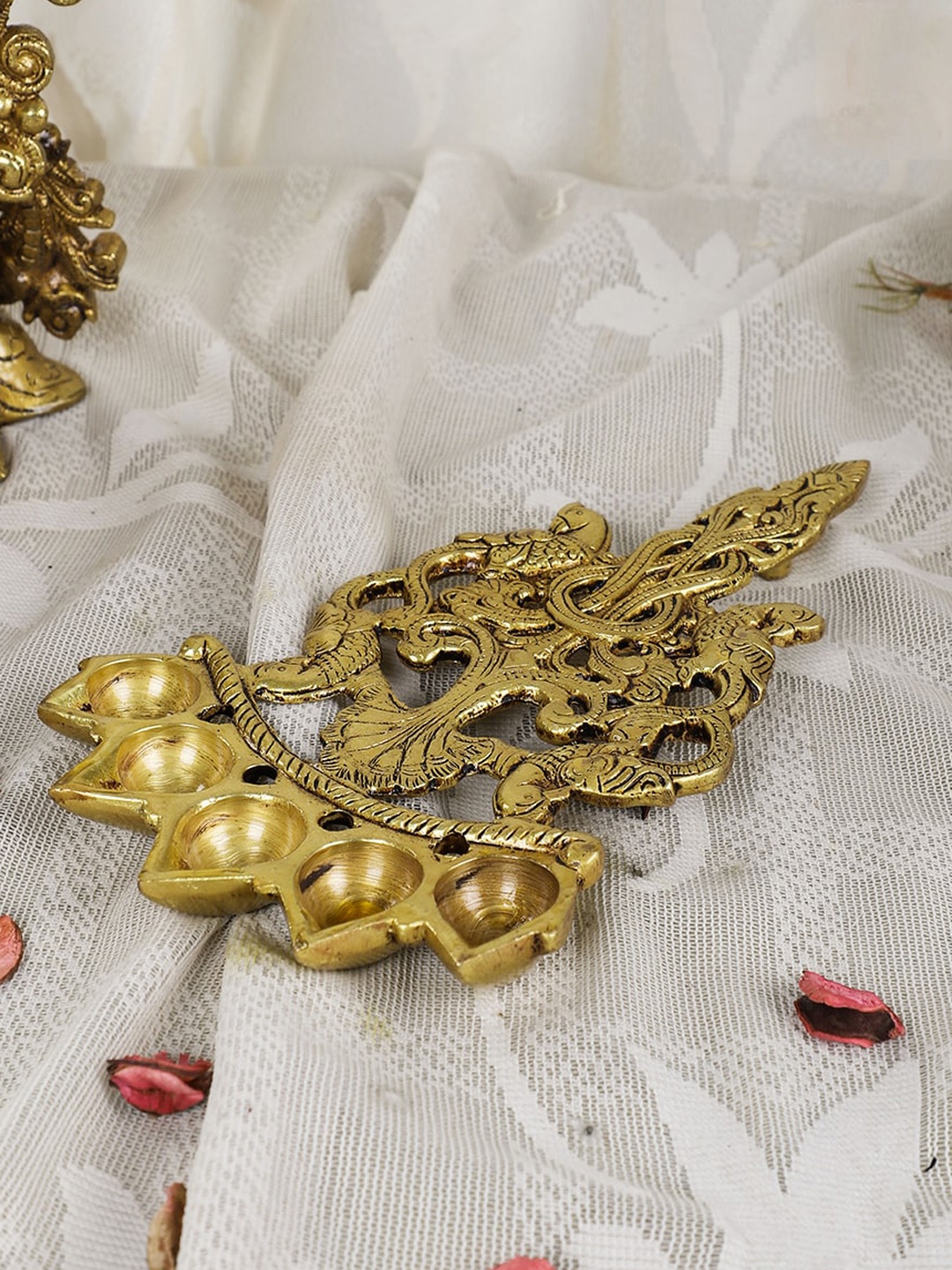 

Two Moustaches Beige Twin Parrot Design 5 Oil Wick Brass Aarti Diya Spoon